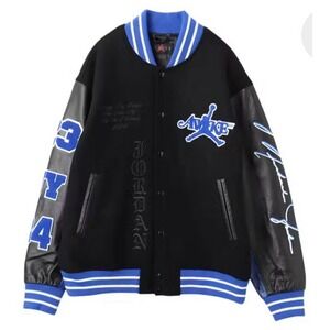 Jordan × Awake NY Varsity Leather Jacket Black/Blue Men's M | Holiday‎ Gift